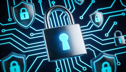 Cybersecurity icons floating above secure network, digital lock and shield icons symbolizing layered protection