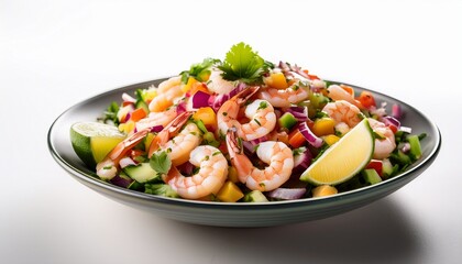 vibrant shrimp ceviche salad bursting with fresh ingredients and citrus zest white background