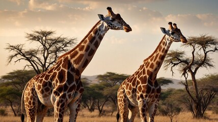 Two majestic male giraffes stand gracefully under a golden sky, surrounded by sparse trees and tall grass.