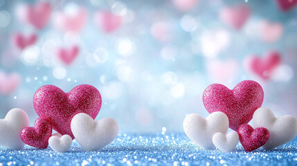 Obraz premium Pink and white glitter hearts on a shimmering blue bokeh background