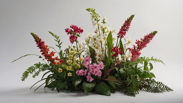 Vibrant floral arrangement featuring colorful orchids and snapdragons, creating a lively and cheerful display. - Powered by Adobe