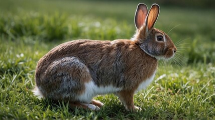 Fototapeta premium A side view of a brown rabbit sitting gracefully on lush green grass, showcasing its alert expression and soft fur.