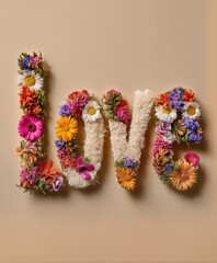 LOVE word spelled with colorful fresh flowers on neutral background, romantic floral typography symbolizing affection, celebration, wedding, Valentine&rsquo;s Day, and joyful emotions.
