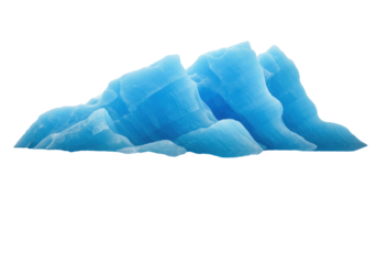 towering iceberg of chiseled blue and white ancient glacial ice with a perfect symmetrical reflection on still water, isolated against transparent copy space, stark iconography of arctic cold and
