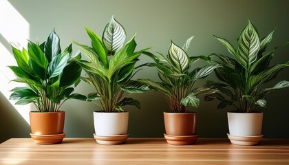 Fototapeta premium Four Potted Indoor Plants With Lush Green Foliage