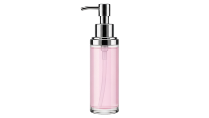 Pink liquid soap dispenser isolated PNG on transparent background, elegant bathroom accessory for hygiene and personal care products