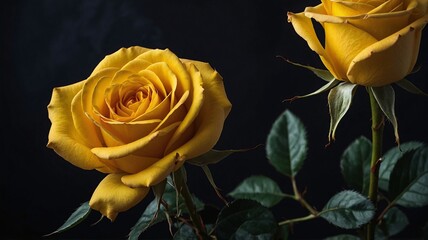 Two vibrant yellow roses with lush green leaves against a dark background, evoking elegance and warmth.