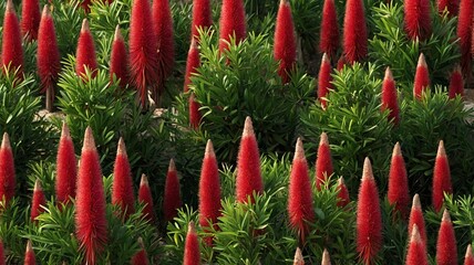 Vibrant red bottlebrush flowers rising among lush green foliage.