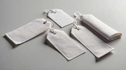 A collection of blank fabric tags on a light background, ideal for customization and labeling.