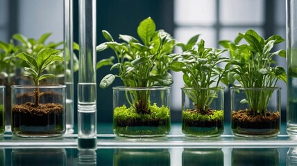 Vibrant green plants growing in glass jars, showcasing biodiversity and sustainable gardening in a bright indoor setting.