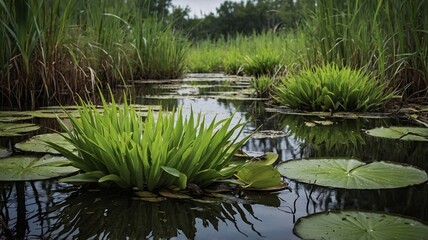 A serene wetland scene showcasing vibrant green reeds and lily pads reflecting in tranquil water.