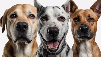 Three adorable dogs featuring a golden retriever, a Dalmatian mix, and a Boxer mix, showcasing their unique personalities.