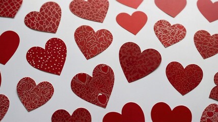 A vibrant arrangement of various red paper hearts scattered across a light background, showcasing different patterns and textures.