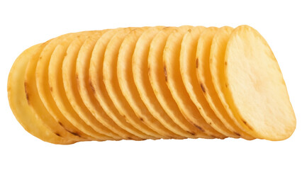 Stack of golden potato chips PNG isolated on transparent background, crispy snack food for party and picnic