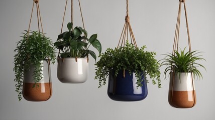 Four stylish hanging planters with lush greenery, creating a serene indoor atmosphere.