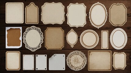 A collection of decorative vintage frames and labels on a wooden background.