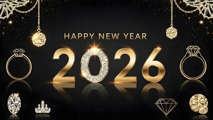 Luxurious jewelry and luxury Happy New Year 2026 design with diamond accents, gold highlights, metallic numbers and a refined premium editorial layout