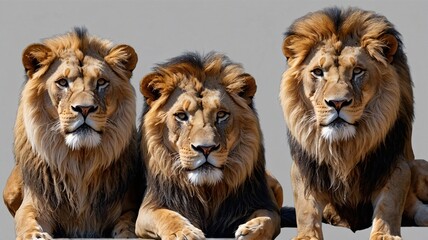 Three majestic male lions sitting together, showcasing their powerful presence and stunning manes.
