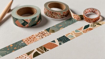 Aesthetic washi tape rolls with botanical patterns in earthy tones, showcasing creativity and craft supplies.