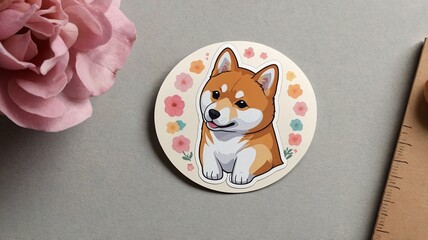 Adorable cartoon Corgi sticker surrounded by floral design, perfect for dog lovers and cute stationery.