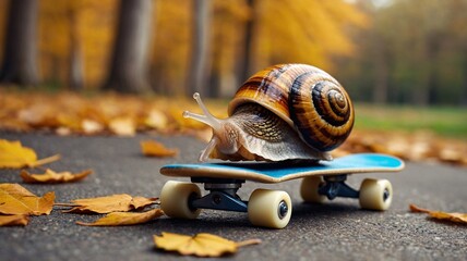 A close-up of a snail gliding on a skateboard amidst autumn leaves in a warm-colored park.