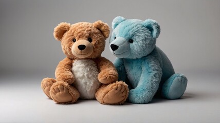 Two adorable plush teddy bears, one brown and one blue, sitting together against a soft gray backdrop, radiating warmth and friendship.