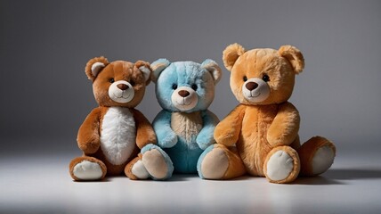 Three adorable plush teddy bears in warm colors, showcasing their friendly expressions against a neutral backdrop.