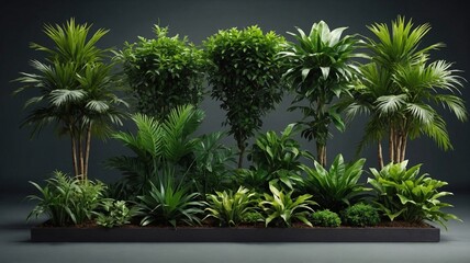 A vibrant display of green foliage featuring various plants, creating a lush and serene atmosphere.