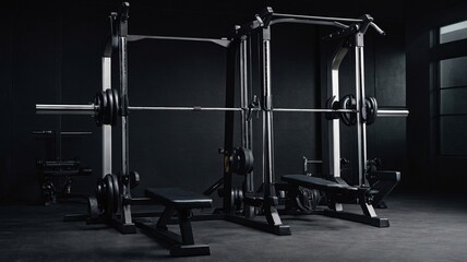 A modern gym setup featuring weightlifting equipment in a sleek, dark environment.