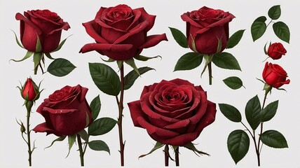 Collection of stunning red roses in various stages of bloom, showcasing intricate petals and lush green leaves, perfect for design projects.