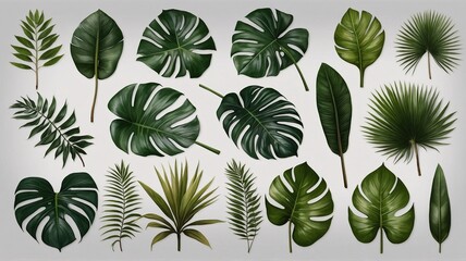 Collection of tropical green leaves showcasing various shapes and textures against a neutral background.