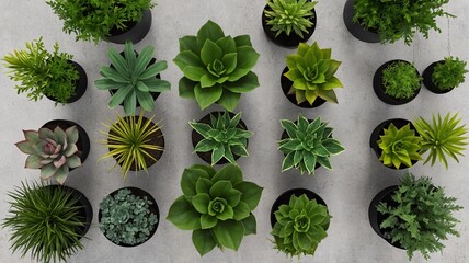 A vibrant collection of assorted green plants in black pots arranged beautifully on a light gray surface.
