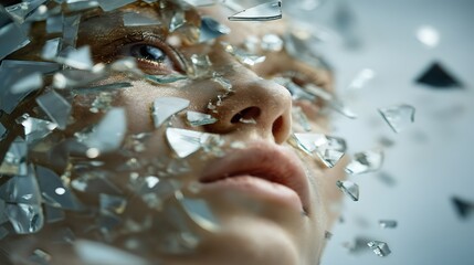 floating glass fragments reflecting pieces of a human face, surreal dreamlike atmosphere, concept of broken identity, 