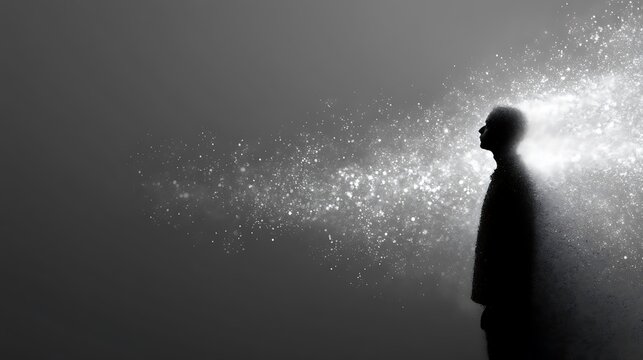 human silhouette dissolving into particles of light and mist, representing the loss of self in dream state, 