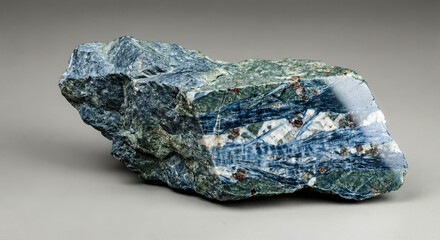 A collectible geological specimen of Lawsonite blueschist rock with dark blue glaucophane and light Lawsonite crystal clusters on a cut polished face