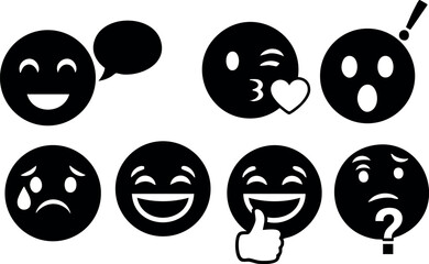 Fototapeta premium Set of seven black emoji faces showing different emotions in vector style 