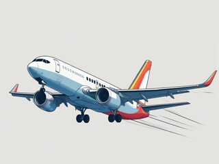 Passenger aircraft taking off at high speed against a white background. Dynamic illustration emphasizing motion with sleek lines.
