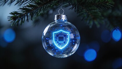 Stunning digital shield ornament gleams with futuristic blue circuits, symbolizing cybersecurity and modern protection during festive holidays