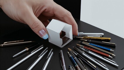 Minimalist Black and White Still Life of Hand Holding Geometric Shape with Mechanical Pencils