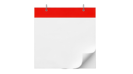 Blank calendar page with red top isolated PNG, tear-off design for mockup and reminder on transparent background