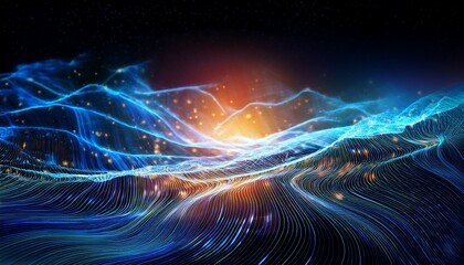 Abstract Digital Landscape With Glowing Lines And Particles