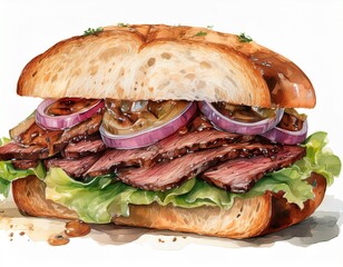 watercolor roast beef sandwich with caramelized onions and lettuce isolated on white background