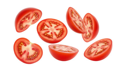 Sliced red tomatoes isolated PNG on transparent background, fresh vegetable pieces for cooking and healthy eating