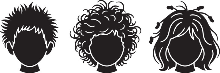 Three black silhouette heads with diverse hairstyles including spiky curly and long flowing hair black and white