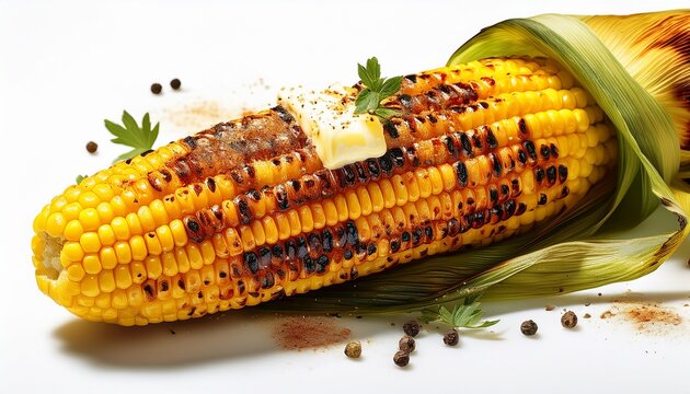 swt of close up of a grilled corn on the cob with butter and spices on transparent white background ai generated