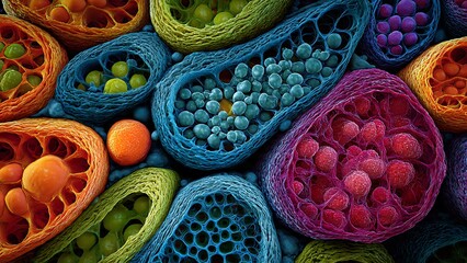 Vibrant microscopic cellular structures forming a complex biological network, showcasing the intricate beauty of life at a cellular level with diverse colors and forms