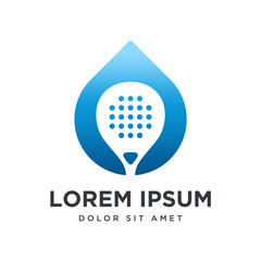 Droplet icon. Padel racket and water drop logo template