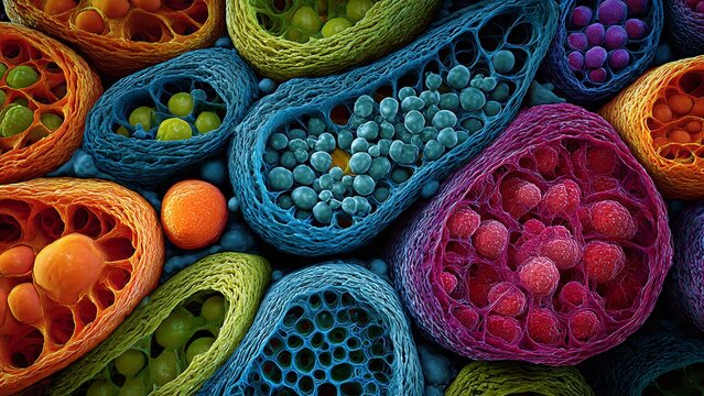 Vibrant microscopic cellular structures forming a complex biological network, showcasing the intricate beauty of life at a cellular level with diverse colors and forms - Powered by Adobe