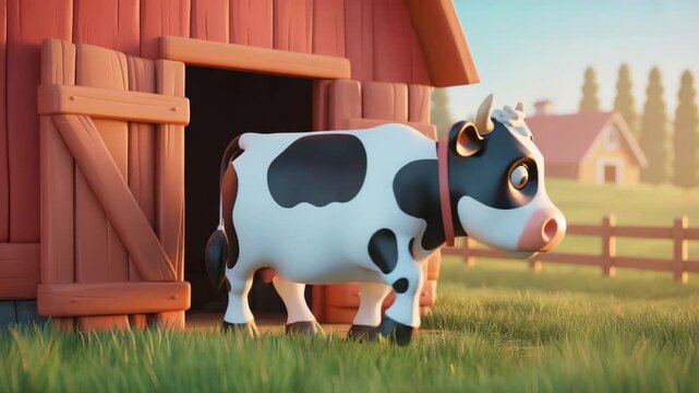 Funny cow cartoon peeking from red barn door in sunny farm field