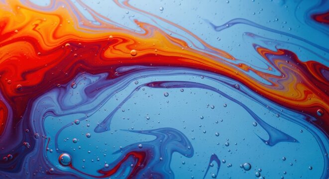 Vibrant Abstract Swirls of Red, Orange, and Blue Colors Creating a Dynamic Liquid Art Background.